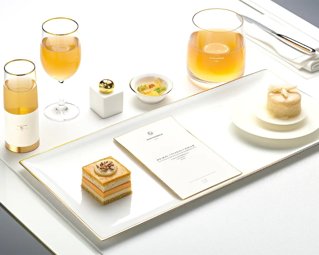 Luxury restaurant table setting with menu, plated desserts, and drinks demonstrating cohesive F&B visual branding and colour palette design